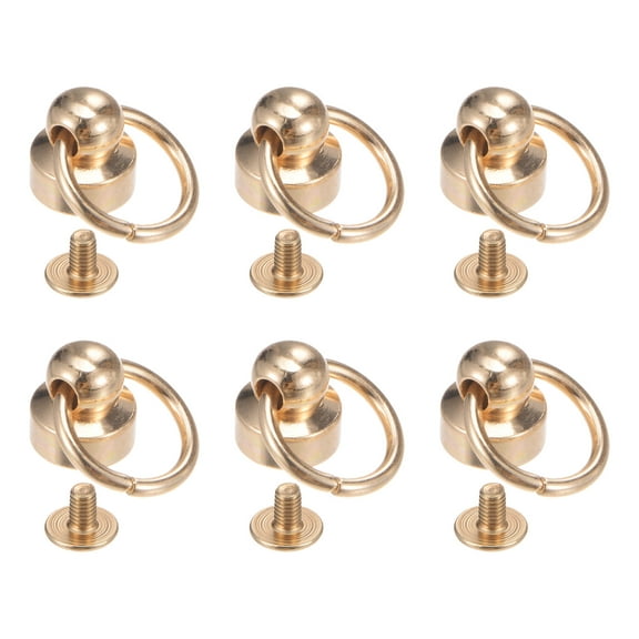 Uxcell 6pcs O Ring Brass Round Head Rivets Studs 9mm Metal Rivets Fasteners with Screw and Pull Ring, Gold Tone