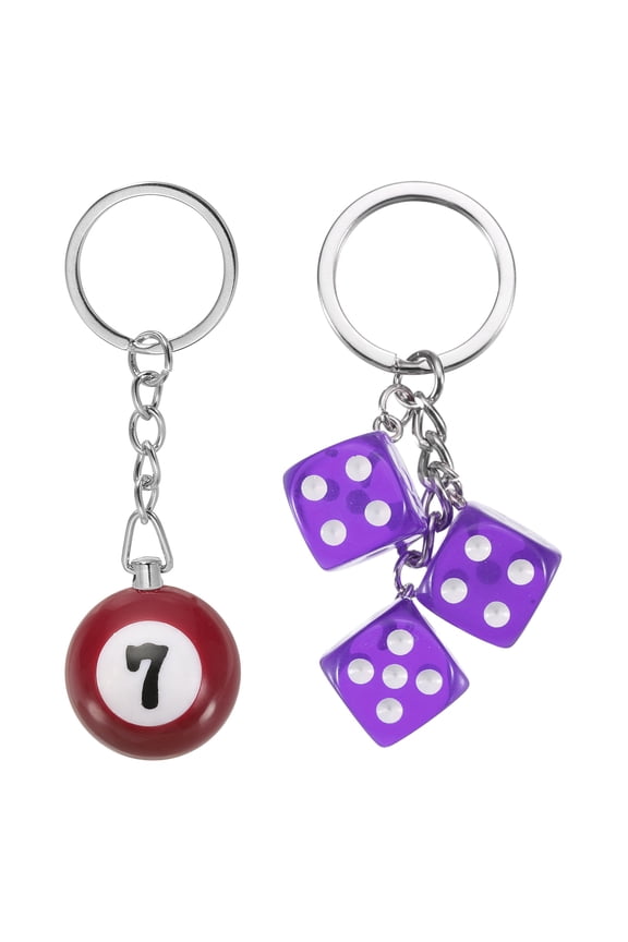 7 Ball Keychain, Lucky 7 Pool Balls with Dice Keychain Creative Keyring Charm Pendant for Bag Wallet Purse Car Cellphone Accessories, Purple