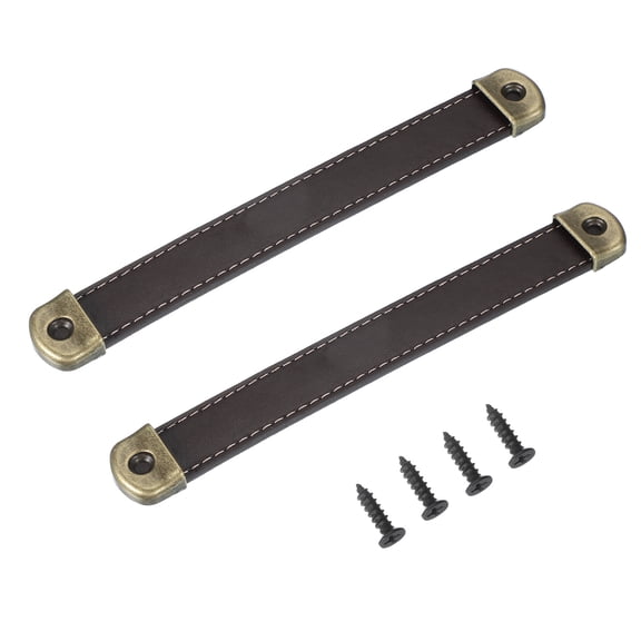 Uxcell 7" Leather Drawer Pulls with Iron Sheet, 2 Pcs Leather Strap Trunk Handle Knobs with 18mm Screws, Brown
