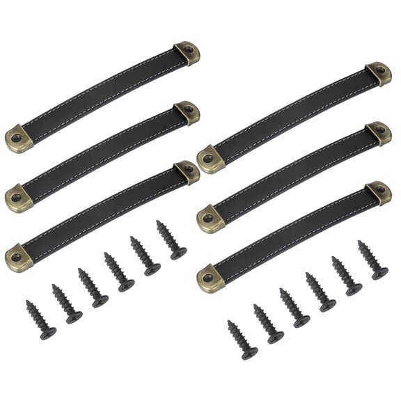 Uxcell 7" Leather Drawer Pulls with Iron Sheet, 6 Pcs Leather Strap Trunk Handle Knobs with 18mm Screws, Black
