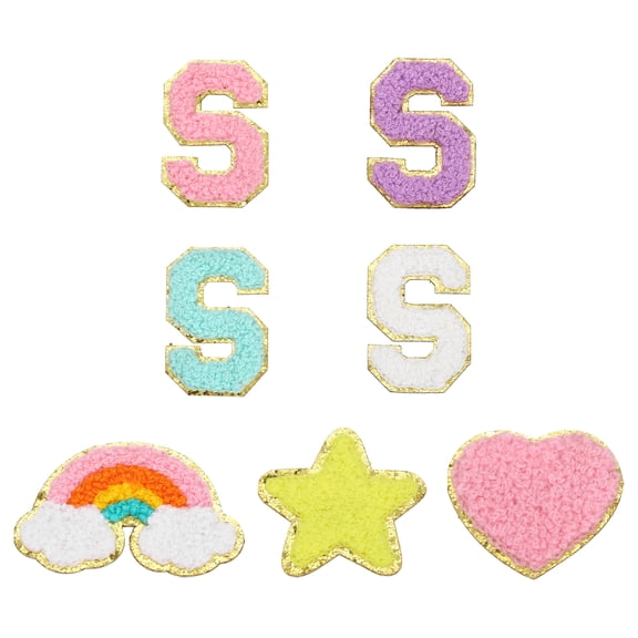 Uxcell 7 Pcs Chenille Patches 1 Inch Letter-S Adhesive Sew or Iron-on Applique Patching with Rainbow Star Heart Smile Embroidered Stickers for DIY Fabric Clothing Hat Bag Shoes