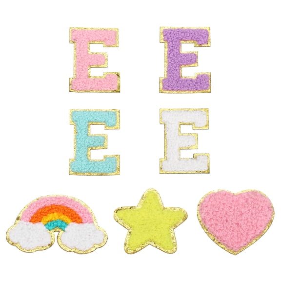 Uxcell 7 Pcs Chenille Patches 2 Inch Letter-E Adhesive Sew or Iron-on Applique Patching with Rainbow Star Heart Smile Embroidered Stickers for DIY Fabric Clothing Hat Bag Shoes