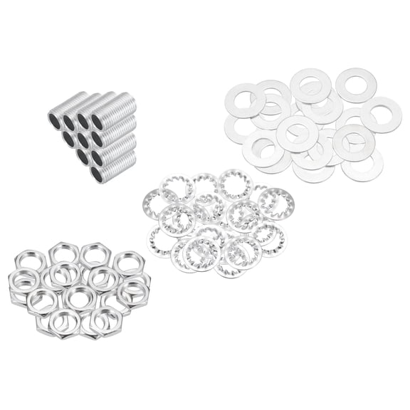 Uxcell 70Pcs 0.8" Lamp Pipe Nipples Kit With Hex Nuts Washers, M10 Fine Threaded Hollow Tube Repair Hardware Fasteners Assortment for Assembly Chandelier Ceiling Lamp DIY, Silver