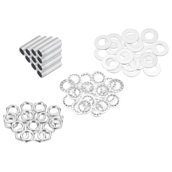 Uxcell 70Pcs 1" Lamp Pipe Nipples Kit With Hex Nuts Washers, M10 Fine Threaded Hollow Tube Repair Hardware Fasteners Assortment for Assembly Chandelier Ceiling Lamp DIY, Silver
