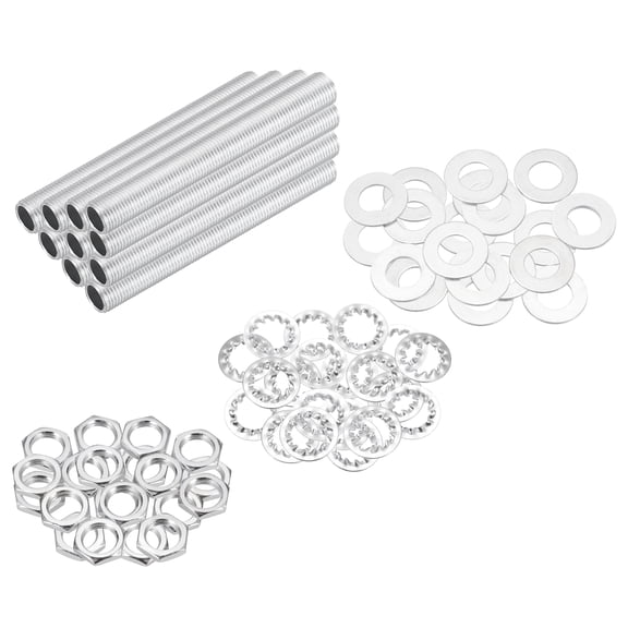 Uxcell 70Pcs 3.3" Lamp Pipe Nipples Kit With Hex Nuts Washers, M10 Fine Threaded Hollow Tube Repair Hardware Fasteners Assortment for Assembly Chandelier Ceiling Lamp DIY, Silver
