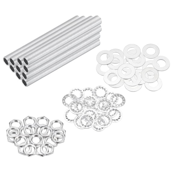 Uxcell 70Pcs 3.9" Lamp Pipe Nipples Kit With Hex Nuts Washers, M10 Fine Threaded Hollow Tube Repair Hardware Fasteners Assortment for Assembly Chandelier Ceiling Lamp DIY, Silver