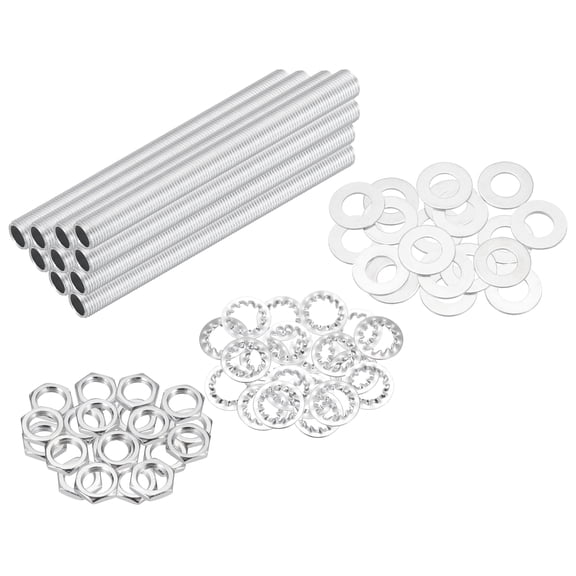 Uxcell 70Pcs 4.7" Lamp Pipe Nipples Kit With Hex Nuts Washers, M10 Fine Threaded Hollow Tube Repair Hardware Fasteners Assortment for Assembly Chandelier Ceiling Lamp DIY, Silver