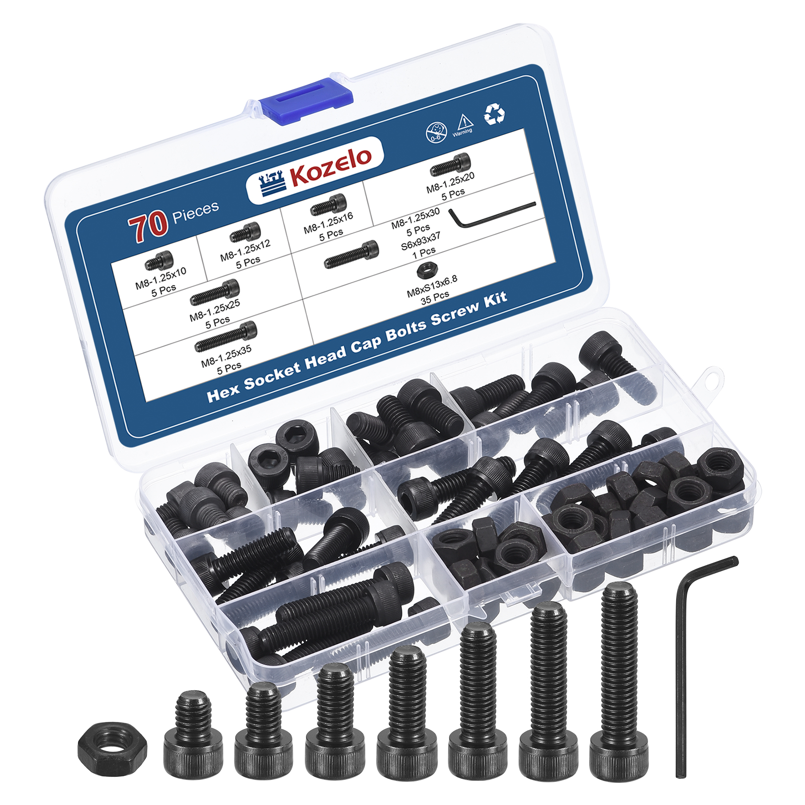Uxcell 70pack M8 Socket Head Cap Screws Bolts Nuts Kit - [M8x10/12/16/20/25/30/35mm] Alloy Steel Internal Hex Screw