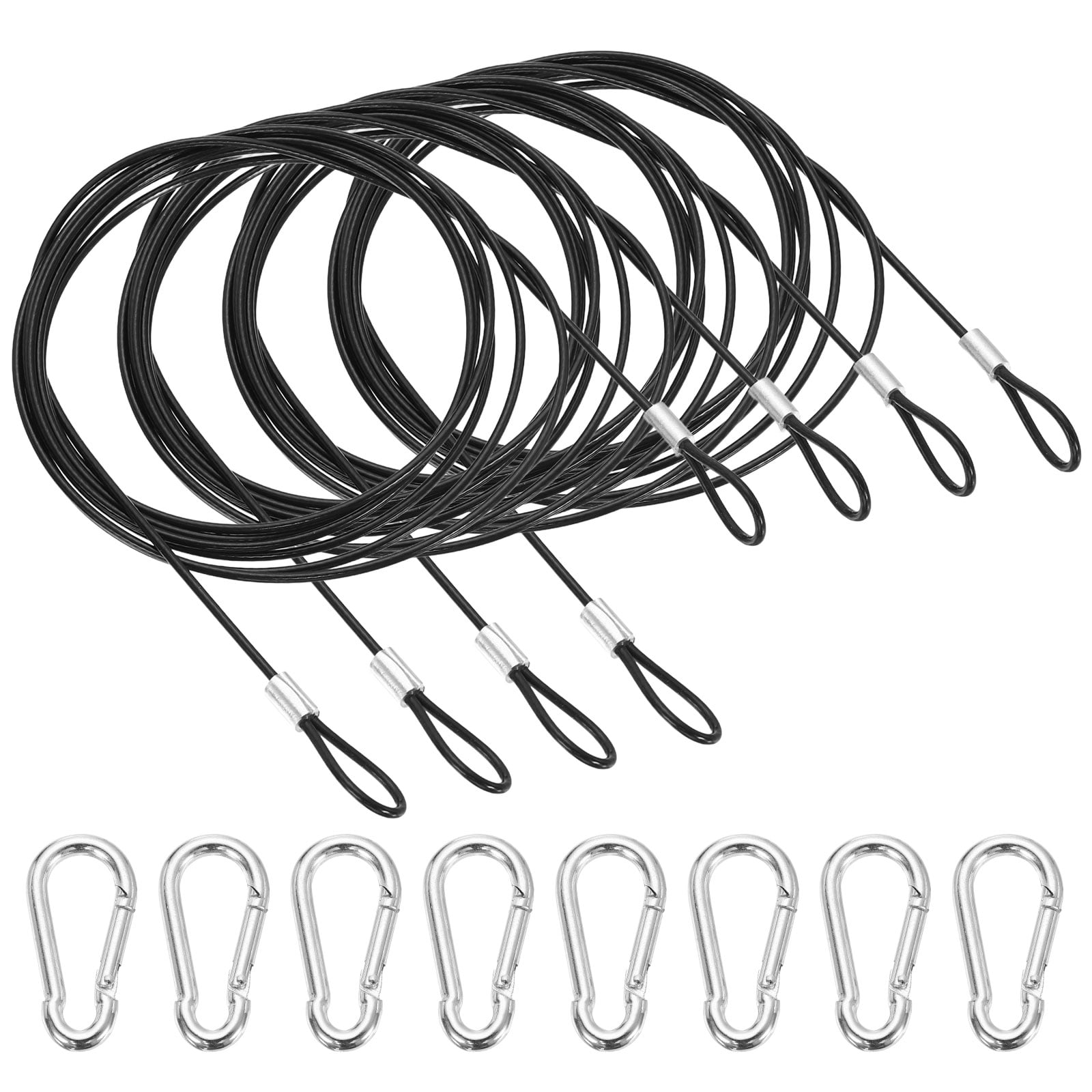 Uxcell 79 Inch Safety Cable Lock, 4 Pcs 304 Stainless Steel Security Wire Ropes Double Loop Anti-Theft Safety with 8 Spring Buckles for Bicycles Luggage Stage Lighting, Black