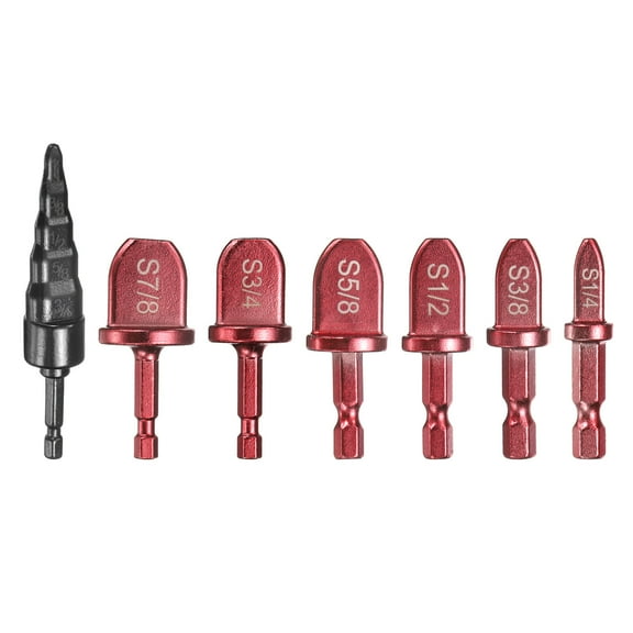Uxcell 7Pcs Swaging Tool Drill Bit Set 1/4" 3/8" 1/2" 5/8" 3/4" 7/8" HVAC Repairing Tube Expander with 5 in 1 Flaring Tool for Copper Aluminum Pipe, Red