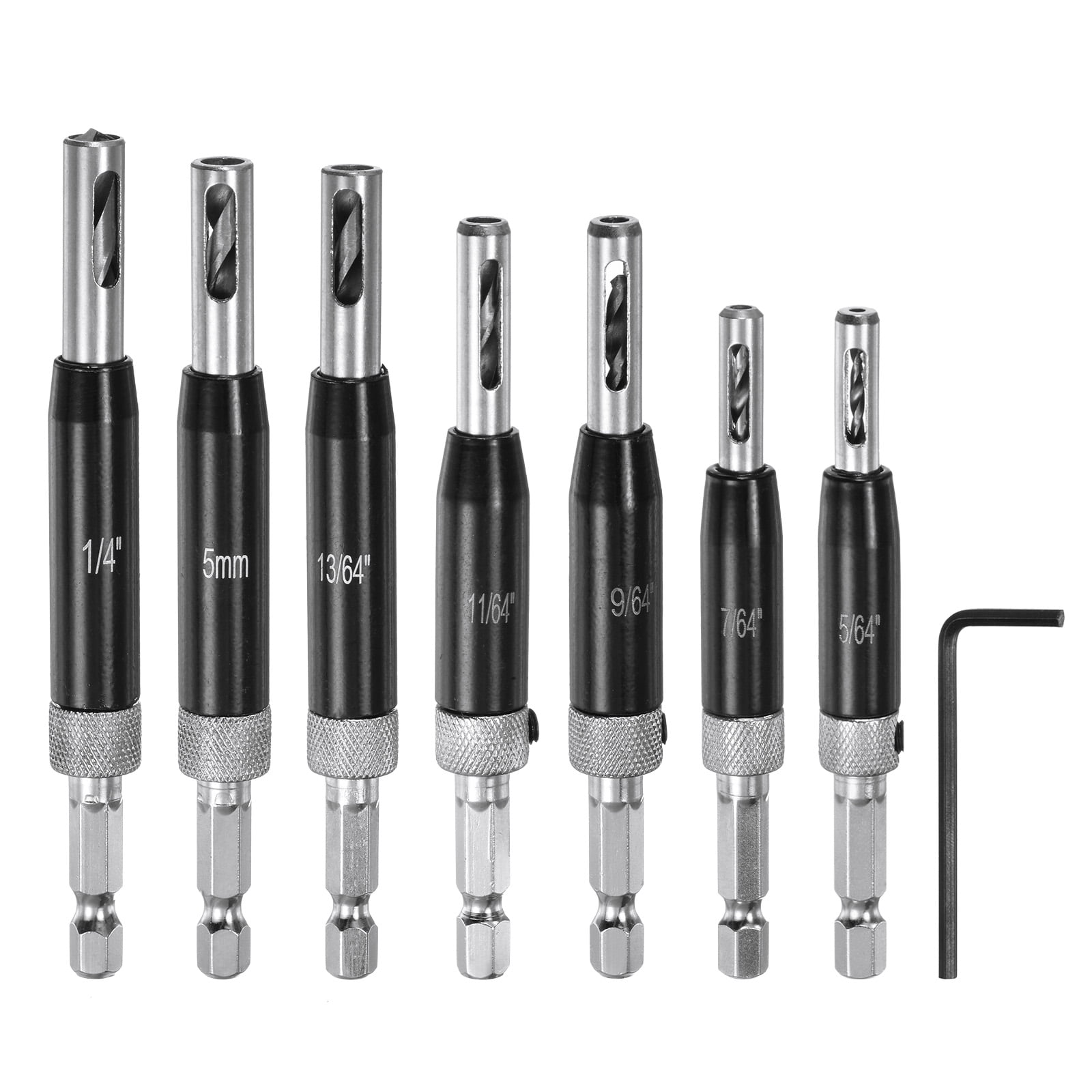 Uxcell 7pack Self Centering Drill Bit Set 5/64-1/4" 5mm, 1/4" Hex Shank Drilling Bits for Wood Working,Hinge , Black