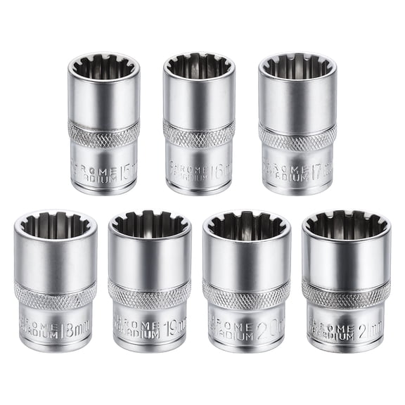Uxcell 7pcs 12 Points Socket 1/2" Drive 15/16/17/18/19/20/21mm Metric Shallow Socket 1.5" (38mm) Long CR-V Steel Nickel Plating for Home Auto Nuts Bolts Repair