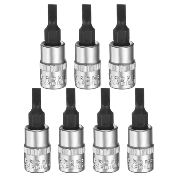 Uxcell 7pcs FD4 Slotted Bit Socket 1/4" Square Drive Flat Head Extension Impact Bit Power Nut Driver Set S2 & CR-V Steel Socket Ratchet Wrench Bits, Silver Black