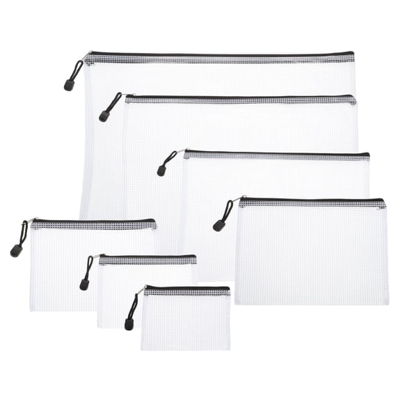 Uxcell 7pcs Mesh Zipper Pouch Bags A3 A4 A5 A6 B4 B6 B8 Plastic Waterproof Mesh File Bag Clear Document Zipper Pouches for Classroom Home Travel Office Supplies Organization, Black