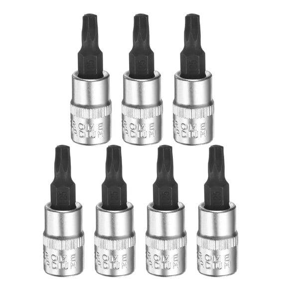 Uxcell 7pcs T25 Torx Bit Socket 1/4" Square Drive Star 6 Point Extension Impact Bit Power Nut Driver Set S2 & CR-V Steel Socket Ratchet Wrench Bits, Silver Black