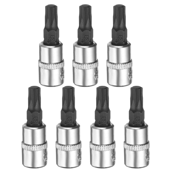 Uxcell 7pcs T30 Torx Bit Socket 1/4" Square Drive Star 6 Point Extension Impact Bit Power Nut Driver Set S2 & CR-V Steel Socket Ratchet Wrench Bits, Silver Black