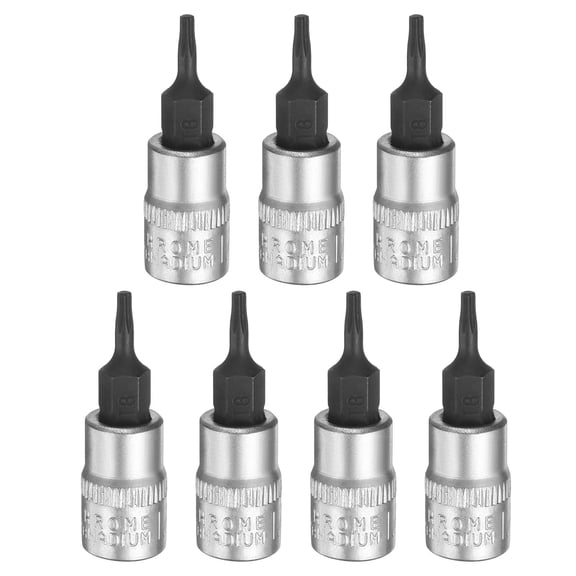 Uxcell 7pcs T8 Torx Bit Socket 1/4" Square Drive Star 6 Point Extension Impact Bit Power Nut Driver Set S2 & CR-V Steel Socket Ratchet Wrench Bits, Silver Black