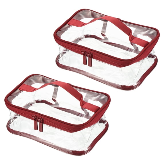 Uxcell 8.3"x5.9"x3.5" Clear Toiletry Makeup Cosmetic Bag with Zipper Handle, Dark Red 2 Pack