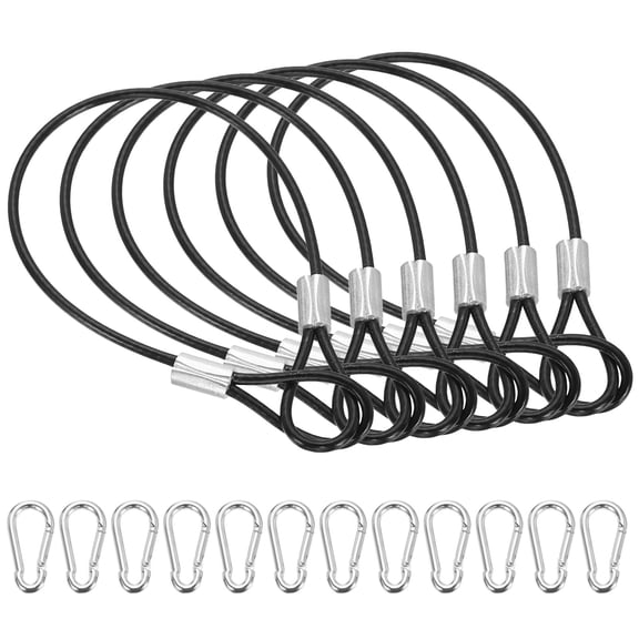 Uxcell 8 Inch Safety Cable Lock, 6 Pcs 304 Stainless Steel Security Wire Ropes Double Loop Anti-Theft Safety with 12 Spring Buckles for Bicycles Luggage Stage Lighting, Black