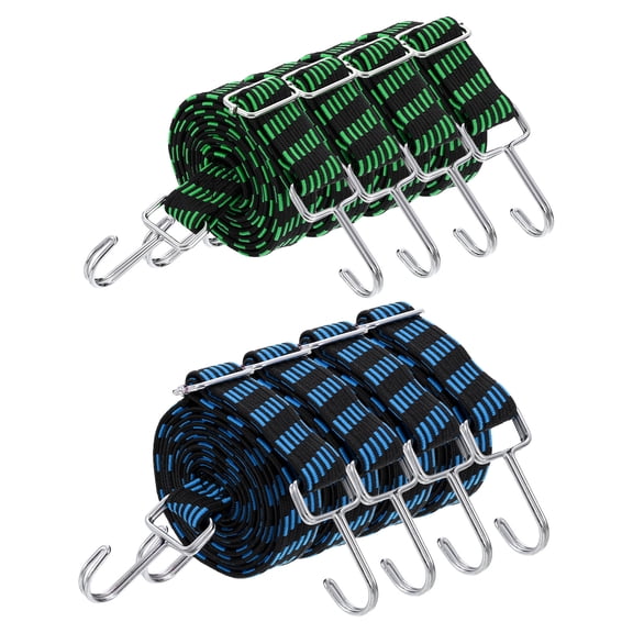Uxcell 8 Pack Adjustable Bungee Cords with Hooks, 79 Inch Flat Heavy Duty Elasticity Straps Rubber Bungee Cords with Buckle for Outdoor, Camping, Tarp, Bike Rack, Luggage, Black Green/Blue