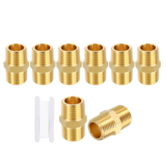 Uxcell 8 Pack Brass Pipe Fittings, 3/8" Male NPT to 3/8" Male NPT Brass Hex Nipple W/ Sealing Tape, Male Pipe Adapter Reducer for Air, Oil, LP