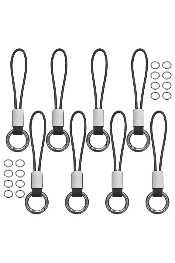 8 Pcs Car Keychain Finger Ring, Leather Keyring Short Zinc Alloy Lanyard with Metal Ring Key Chain Fob Holder for Men Women Key Cover, Black