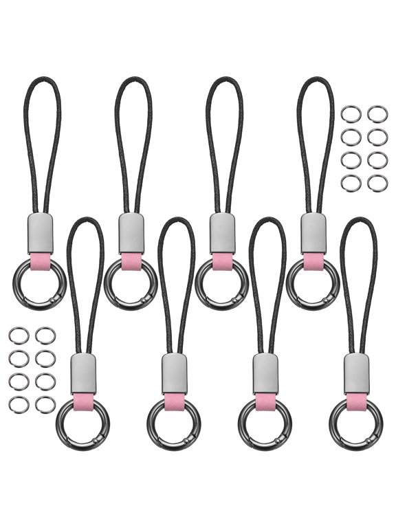 8 Pcs Car Keychain Finger Ring, Leather Keyring Short Zinc Alloy Lanyard with Metal Ring Key Chain Fob Holder for Men Women Key Cover, Pink