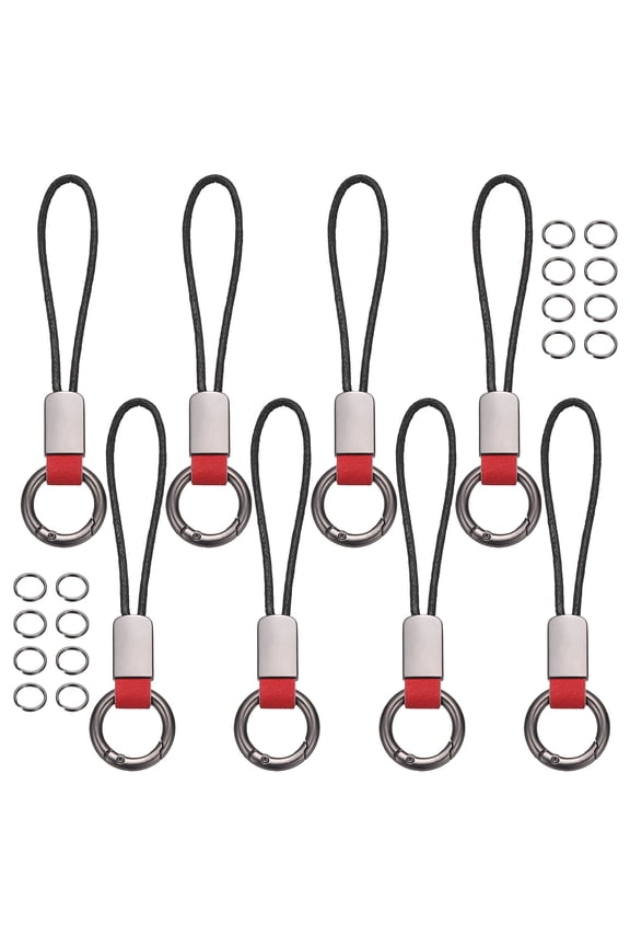8 Pcs Car Keychain Finger Ring, Leather Keyring Short Zinc Alloy Lanyard with Metal Ring Key Chain Fob Holder for Men Women Key Cover, Red