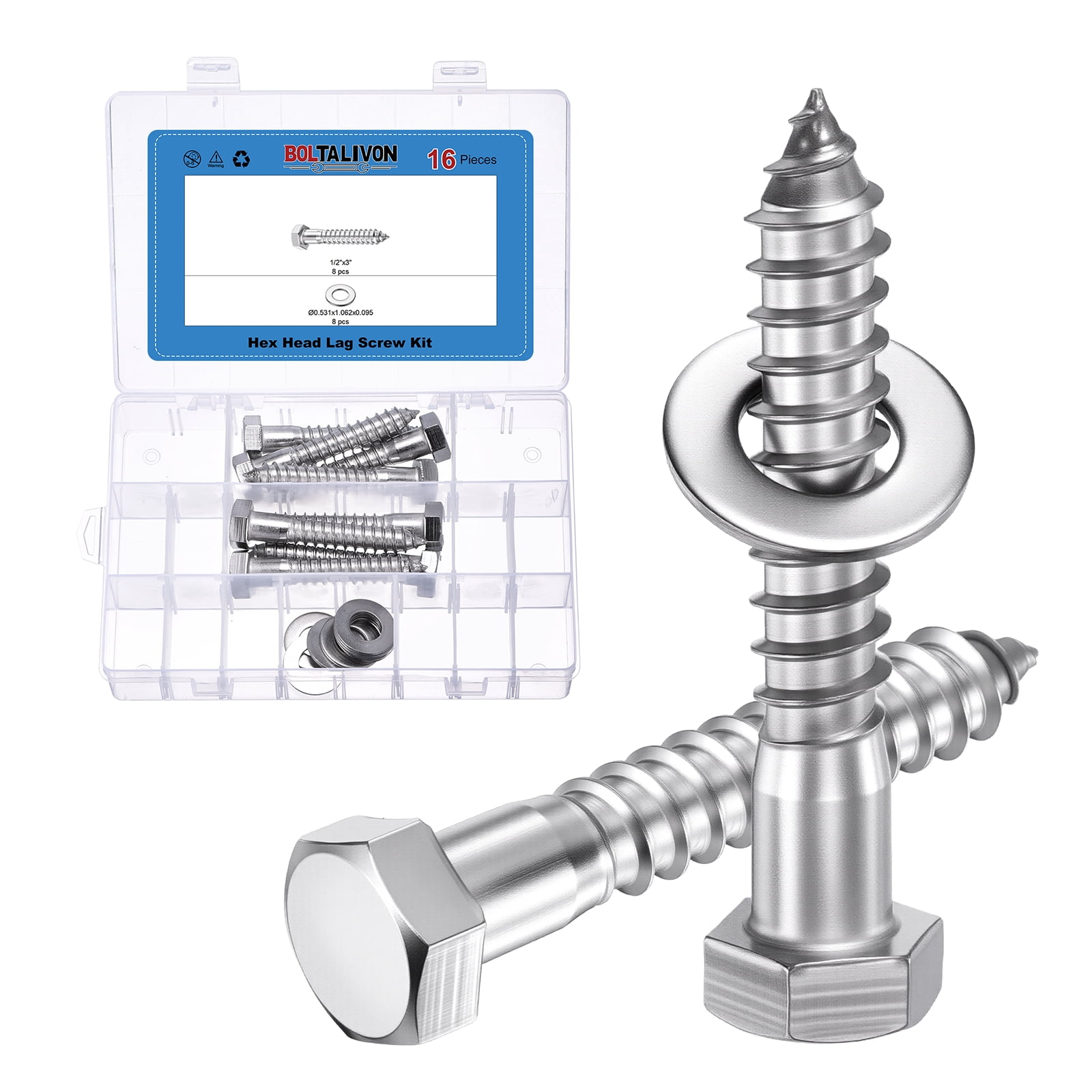 Uxcell 8 Pcs Hex Head Lag Screws - 1/2"x3" Stainless Steel 18-8 (304) Lag Bolts Hexagon Head Heavy Duty Wood Screws with Flat Washers for Wood, Decks, Fences, Furniture, Silver