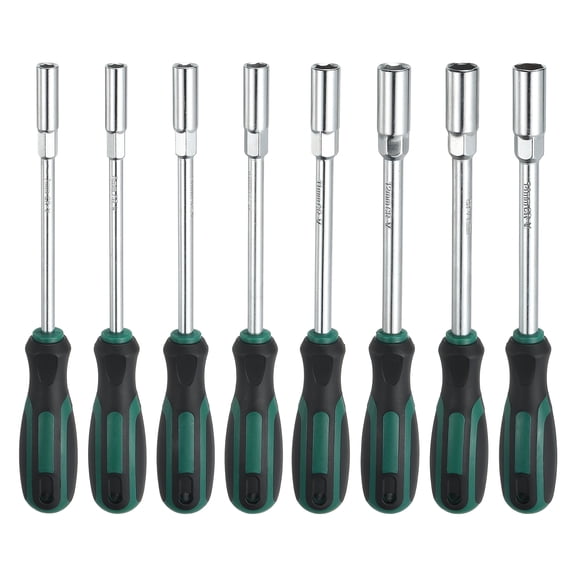 Uxcell 8 Pcs Metric Nut Driver 7mm-14mm CR-V Non-Magnetic Tip Hollow Shafts Hex Socket Screwdriver with Anti-Slip Handle for Automobile Repair Bit Driver, Green/Black