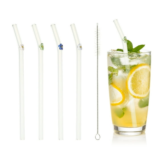 6 Pcs Reusable Glass Straws, 7.87" Turtle Glass Straw Shatter Resistant Clear Cute Straws for Whiskey Coffee Juice Soda Drinks Tea, Pink/Yellow/Purple/Orange/White/Gray