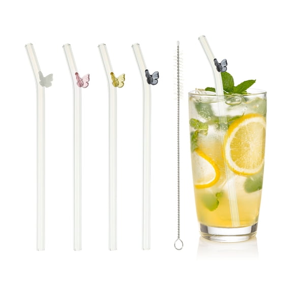 4 Pcs Reusable Glass Straws, 7.87" Butterfly Glass Straw Shatter Resistant Clear Cute Straws for Whiskey Coffee Juice Soda Drinks Tea, Pink/Gray/White/Yellow