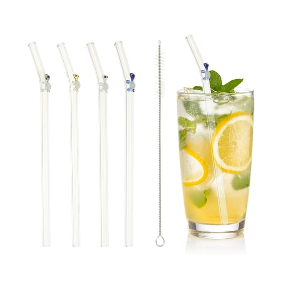 4 Pcs Reusable Glass Straws, 7.87" Turtle Glass Straw Shatter Resistant Clear Cute Straws for Whiskey Coffee Juice Soda Drinks Tea, White/Gray/Blue/Yellow