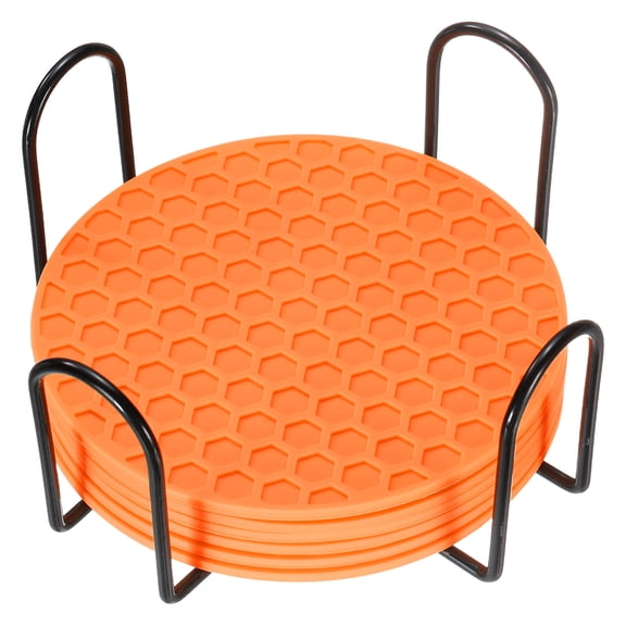 6 Pack Silicone Coasters with Holder, 4 Inch Round Coaster for Drink, Orange