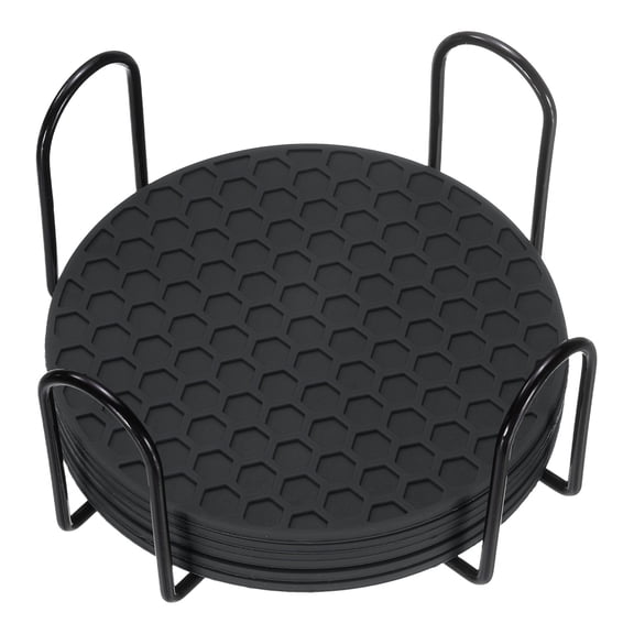 6 Pack Silicone Coasters with Holder, 4 Inch Round Coaster for Drink, Black