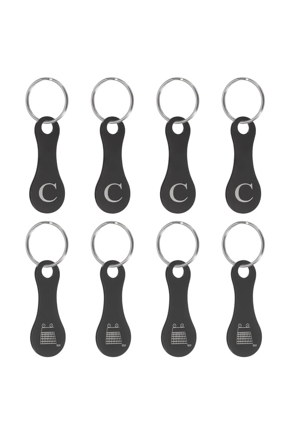 8 Pcs Stainless Steel Shopping Trolley Token, Metal Quarter Holder Keychain Bulk Shopping Key Ring for Supermarket Shops, Black, Engraved Letter C & Pattern Grocery Cart