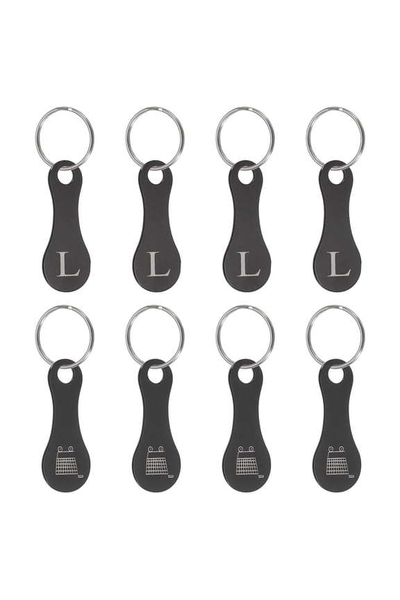 8 Pcs Stainless Steel Shopping Trolley Token, Metal Quarter Holder Keychain Bulk Shopping Key Ring for Supermarket Shops, Black, Engraved Letter L & Pattern Grocery Cart