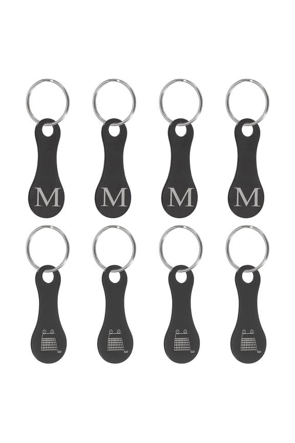 8 Pcs Stainless Steel Shopping Trolley Token, Metal Quarter Holder Keychain Bulk Shopping Key Ring for Supermarket Shops, Black, Engraved Letter M & Pattern Grocery Cart