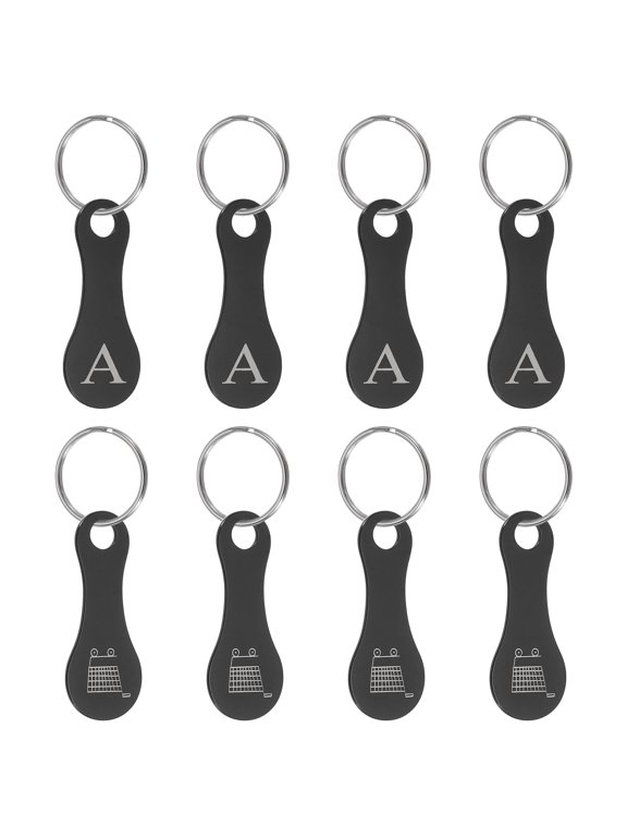 8 Pcs Stainless Steel Shopping Trolley Token, Metal Quarter Holder Keychain Bulk Shopping Key Ring for Supermarket Shops, Black, Engraved Letter A & Pattern Grocery Cart