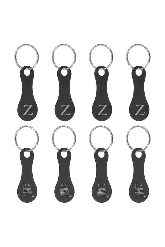 8 Pcs Stainless Steel Shopping Trolley Token, Metal Quarter Holder Keychain Bulk Shopping Key Ring for Supermarket Shops, Black, Engraved Letter Z & Pattern Grocery Cart