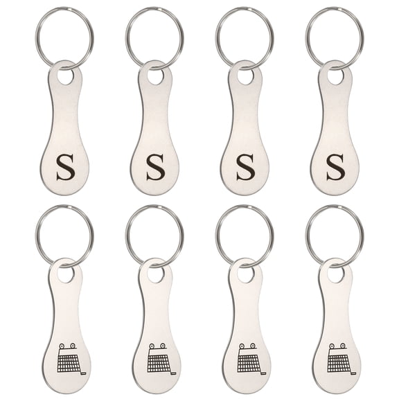 Uxcell 8 Pcs Stainless Steel Shopping Trolley Token, Metal Quarter Holder Keychain Bulk Shopping Key Ring for Supermarket Shops, Silver Tone, Engraved Letter S & Pattern Grocery Cart