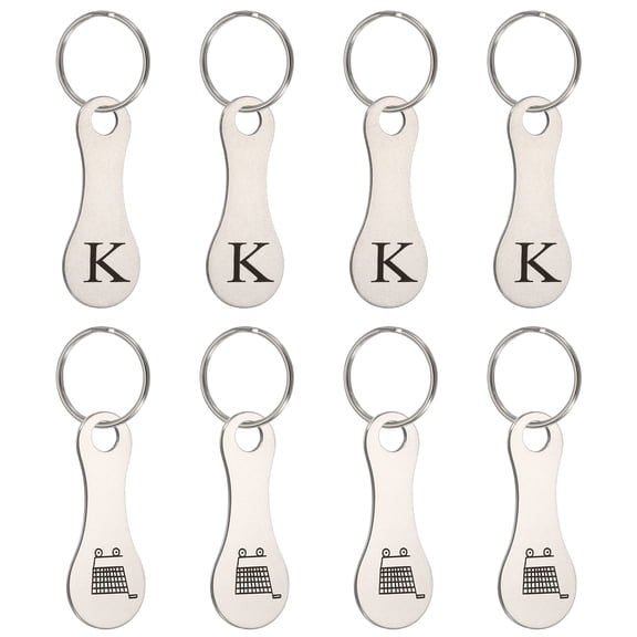 Uxcell 8 Pcs Stainless Steel Shopping Trolley Token, Metal Quarter Holder Keychain Bulk Shopping Key Ring for Supermarket Shops, Silver Tone, Engraved Letter K & Pattern Grocery Cart