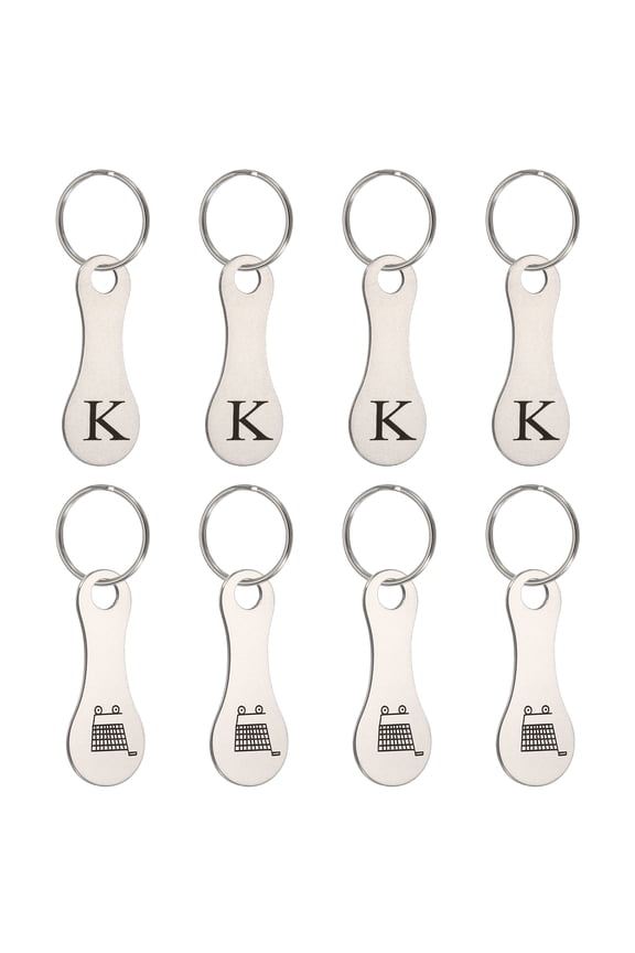 8 Pcs Stainless Steel Shopping Trolley Token, Metal Quarter Holder Keychain Bulk Shopping Key Ring for Supermarket Shops, Silver Tone, Engraved Letter K & Pattern Grocery Cart