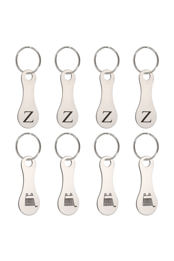 8 Pcs Stainless Steel Shopping Trolley Token, Metal Quarter Holder Keychain Bulk Shopping Key Ring for Supermarket Shops, Silver Tone, Engraved Letter Z & Pattern Grocery Cart