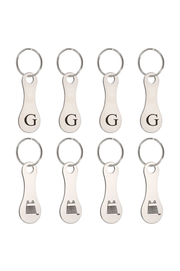 8 Pcs Stainless Steel Shopping Trolley Token, Metal Quarter Holder Keychain Bulk Shopping Key Ring for Supermarket Shops, Silver Tone, Engraved Letter G & Pattern Grocery Cart