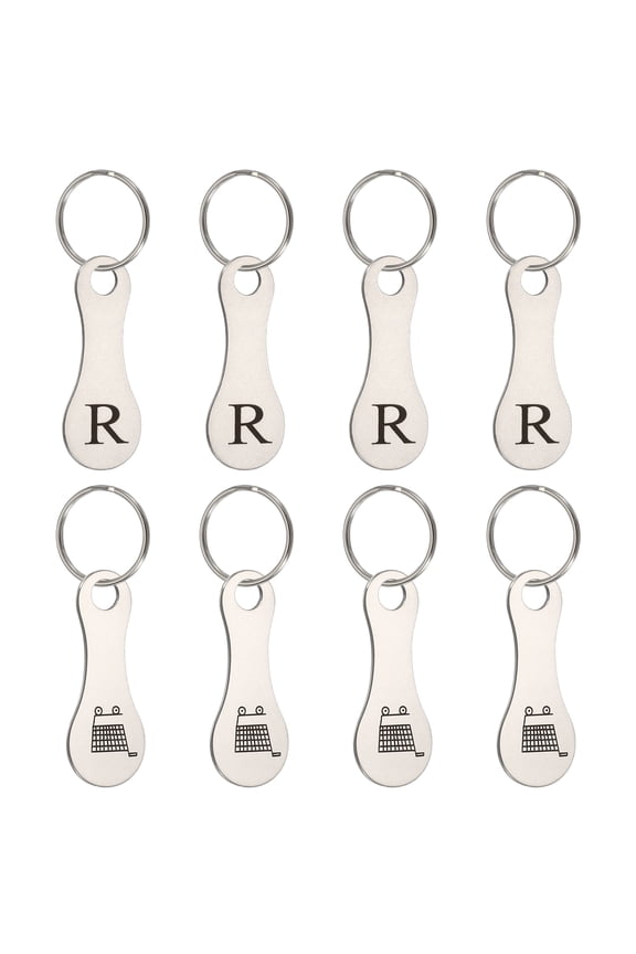 8 Pcs Stainless Steel Shopping Trolley Token, Metal Quarter Holder Keychain Bulk Shopping Key Ring for Supermarket Shops, Silver Tone, Engraved Letter R & Pattern Grocery Cart
