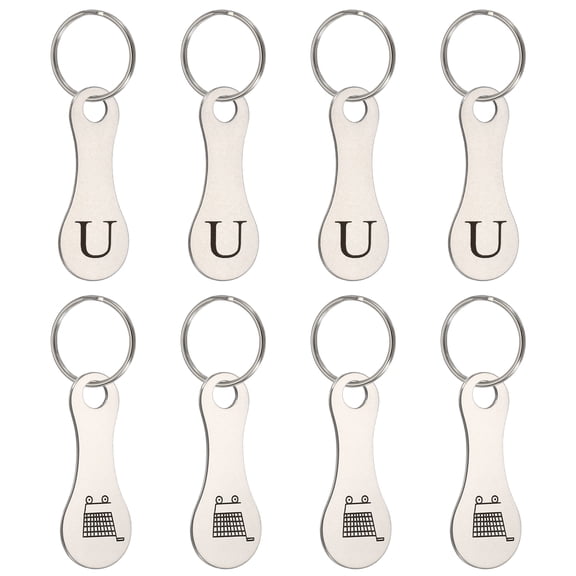 Uxcell 8 Pcs Stainless Steel Shopping Trolley Token, Metal Quarter Holder Keychain Bulk Shopping Key Ring for Supermarket Shops, Silver Tone, Engraved Letter U & Pattern Grocery Cart
