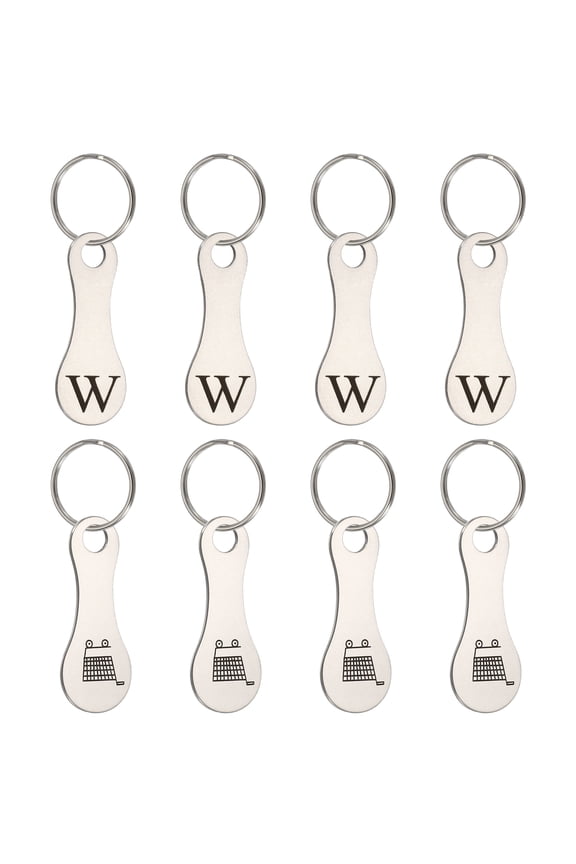 8 Pcs Stainless Steel Shopping Trolley Token, Metal Quarter Holder Keychain Bulk Shopping Key Ring for Supermarket Shops, Silver Tone, Engraved Letter W & Pattern Grocery Cart