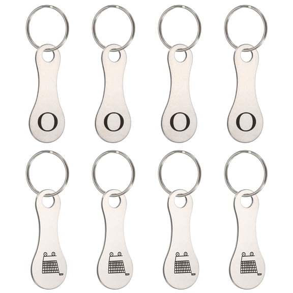 Uxcell 8 Pcs Stainless Steel Shopping Trolley Token, Metal Quarter Holder Keychain Bulk Shopping Key Ring for Supermarket Shops, Silver Tone, Engraved Letter O & Pattern Grocery Cart