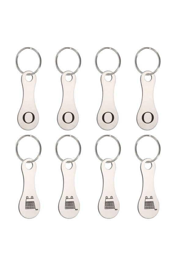 8 Pcs Stainless Steel Shopping Trolley Token, Metal Quarter Holder Keychain Bulk Shopping Key Ring for Supermarket Shops, Silver Tone, Engraved Letter O & Pattern Grocery Cart